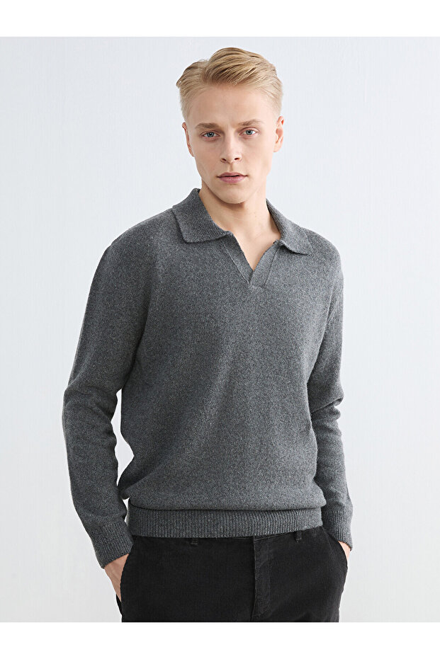 Lcw vision anthracite polo neck wool blend men's knit sweater