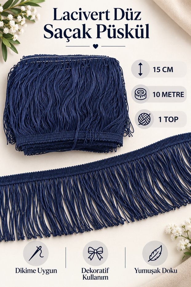 Navy Blue Flat Fringe Tassel 15 cm 10 Meters – Curtain, Runner, Tablecloth, Pillow and Decorative Textile Trim Strip