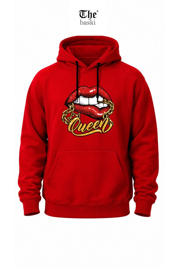 Streetwear Queen Lip and Chain Printed Y2K Kangaroo Pocket Hooded 100% Cotton 3 Thread Sweatshirt