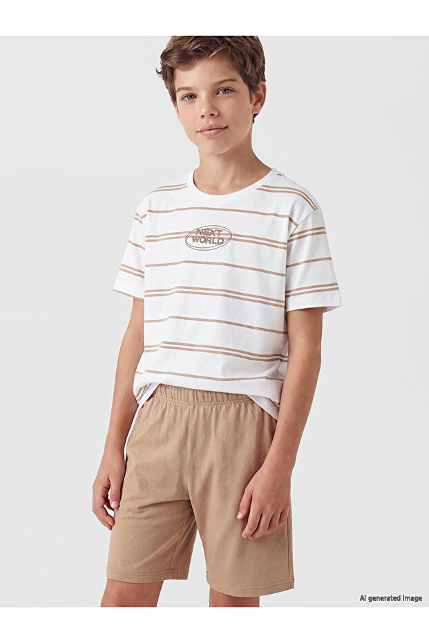 Lcw Kids White Crew Neck Boy's Pajamas Set with Shorts