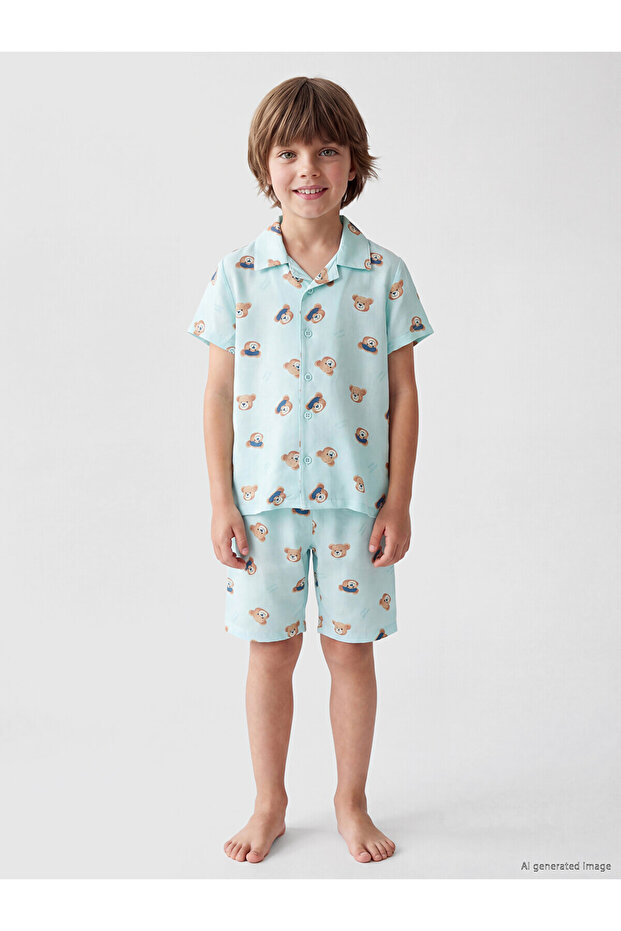 Lcw Kids Turquoise Resort Collar Boy's Shorts Pajama Set