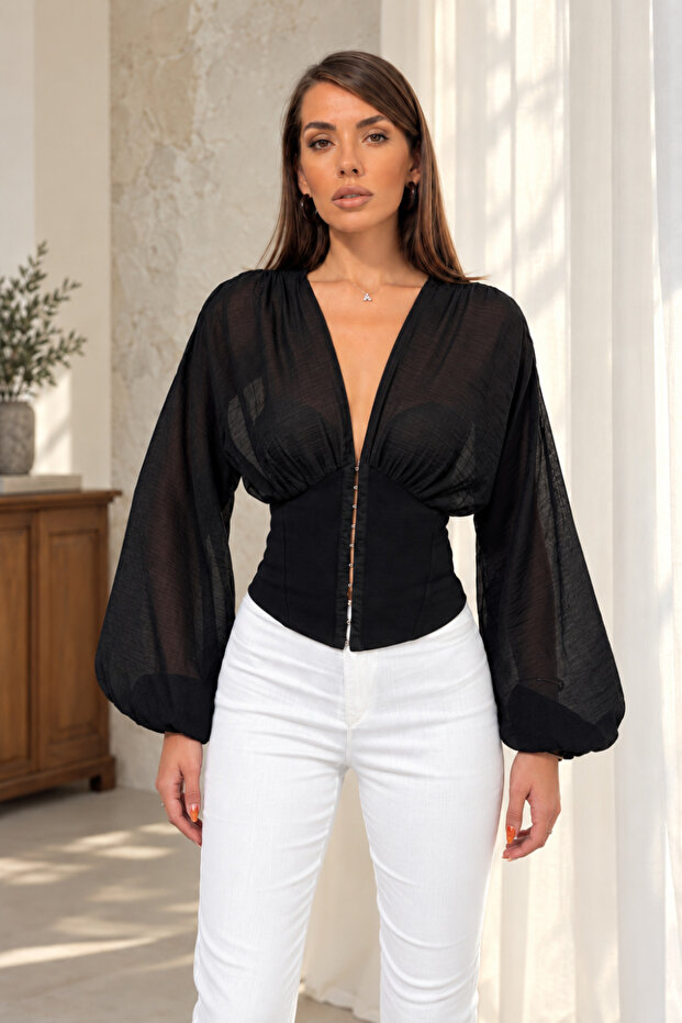 Women's Deep V-Neck Balloon Sleeve Corsage Blouse with Agraf Closure - Black