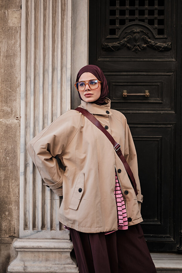 Women's Stand Collar Trench Coat with Back Button Detail and Hidden Zipper, Beige