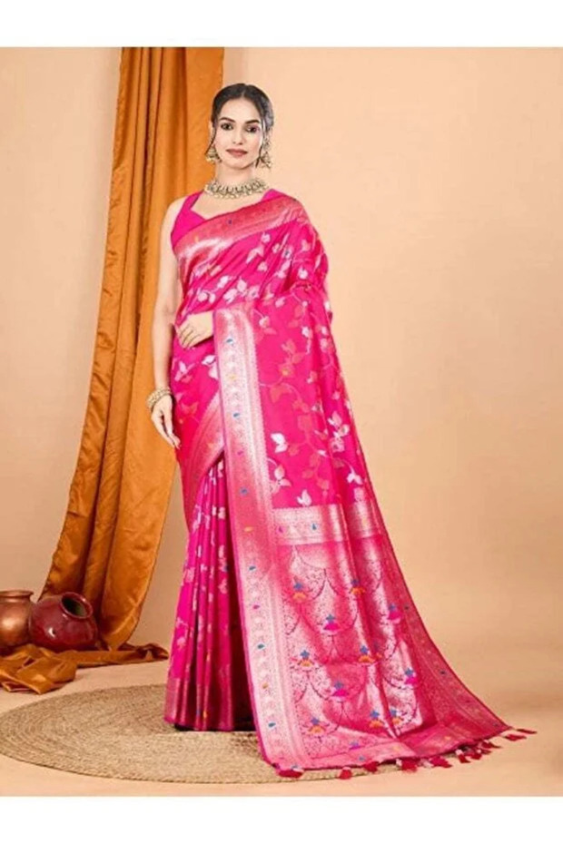 Banarasi Silk Saree with All-Over Zari Floral Leaf Weaving & Tassels | Pre-Stitched Fall & Pico Included |