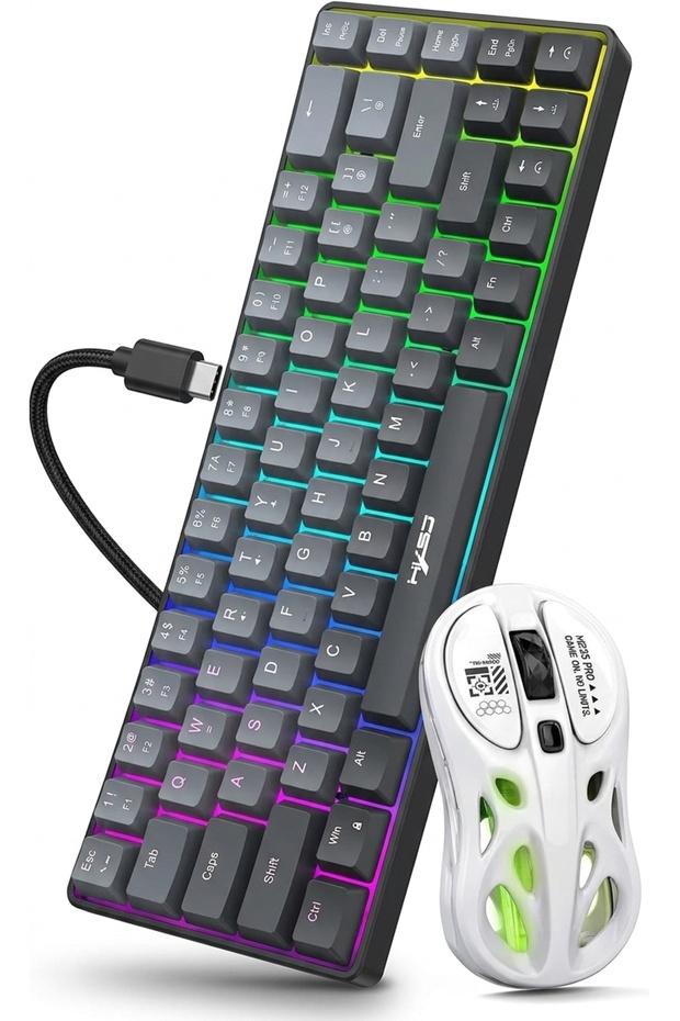 Tri-Mode Wireless Gaming Keyboard and Mouse Combo - 2.4G/BT/Wired 68 Keys Gray Gradient Membrane Keyboard & M235 Pro 1000Hz Lightweight Hollow RGB Mouse Set for PC, Mac, Laptop