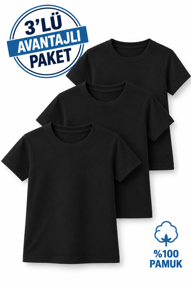 Boy's 100% Cotton Ribbed Black T-Shirt 3-Pack 7018