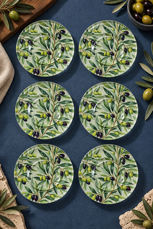 Set of 6 Glass Tea Plates – Natural Olive Branch Patterned 12 cm – 6 Tea Plates