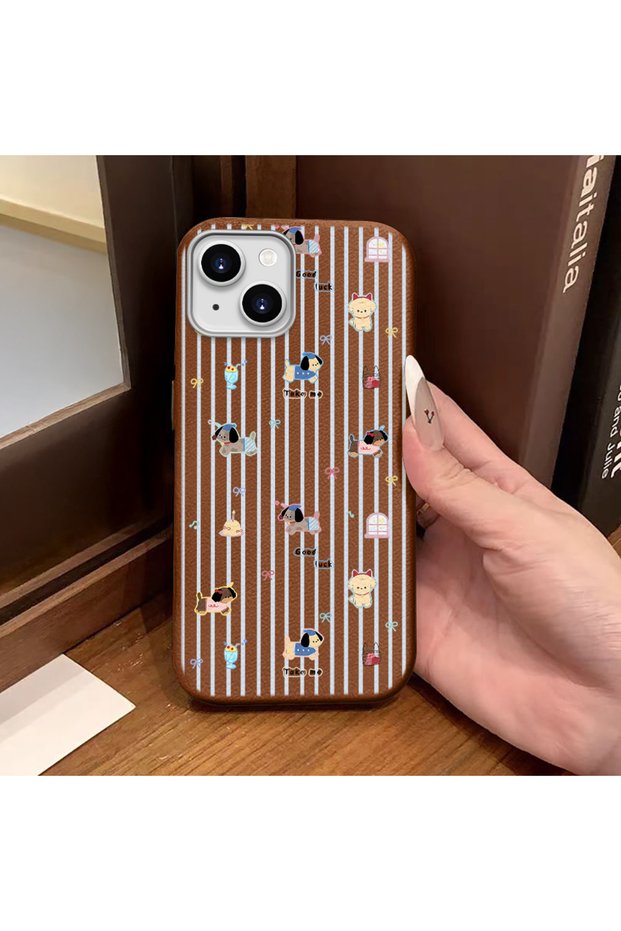 iPhone 15 Compatible Brown Leather Textured Silicone Protects Camera Shock-Absorbing Cartoon Dog Pattern Case