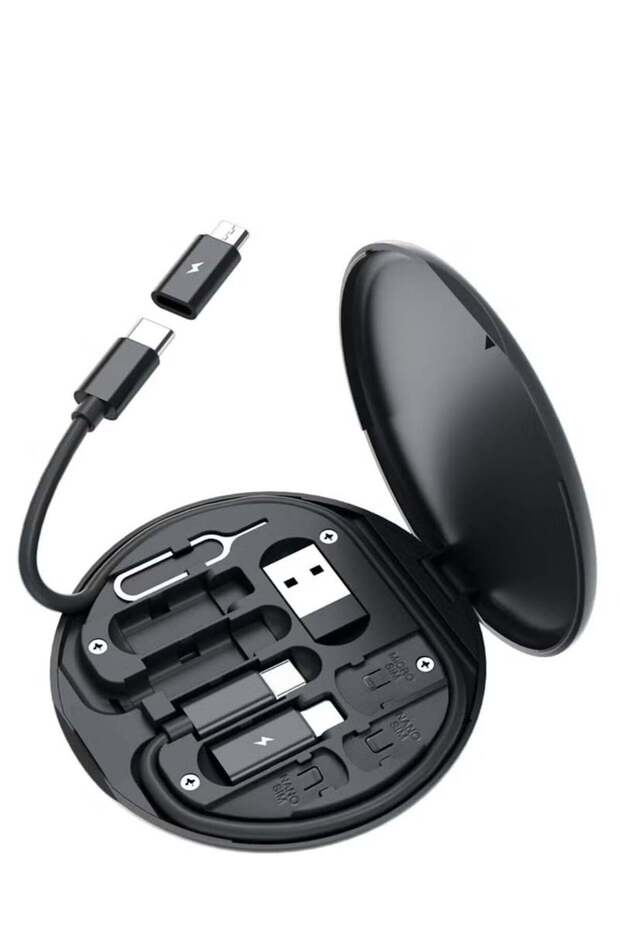 Multi-Functional Travel Cable Organizer with USB-C Lightning and Micro USB Connectors Portable Charging Storage Box with Phone Holder and SIM Ejector - Black