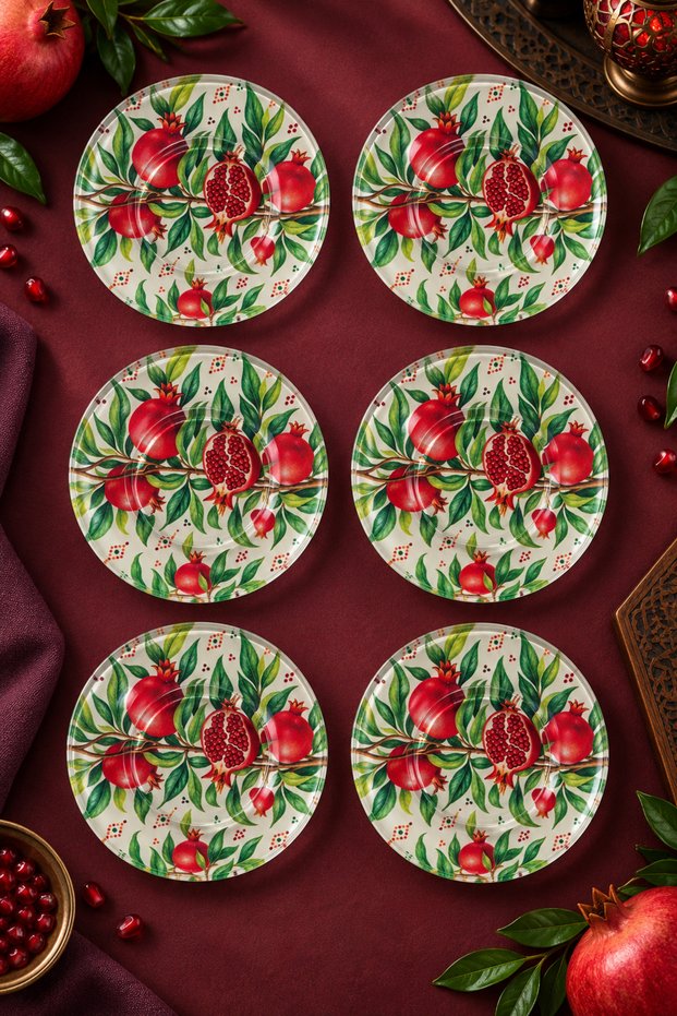 Set of 6 Glass Tea Plates – Pomegranate Patterned 12 cm – 6 Tea Plates