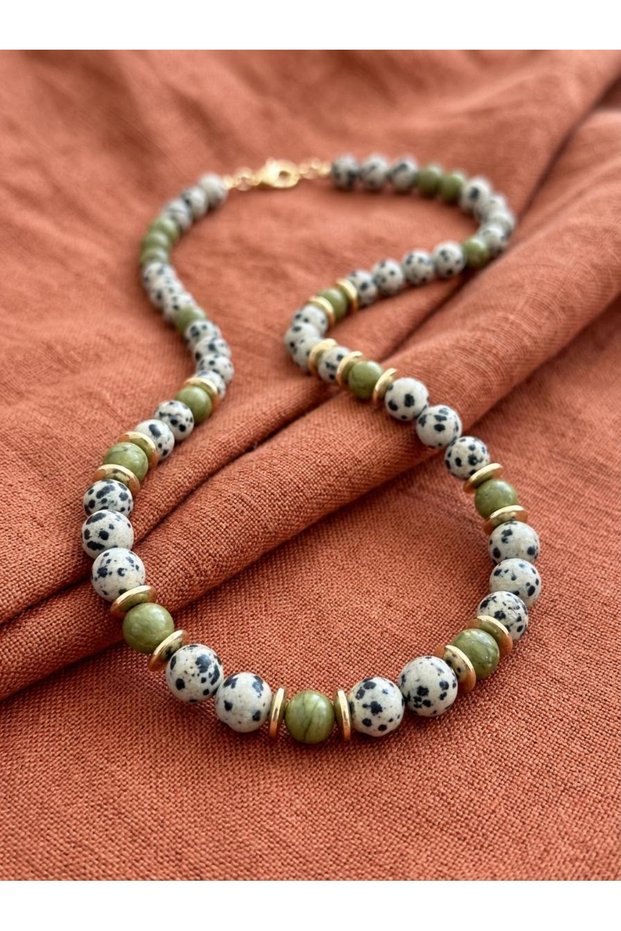 Dalmatian Jasper and Olive Green Jade Natural Stone Necklace