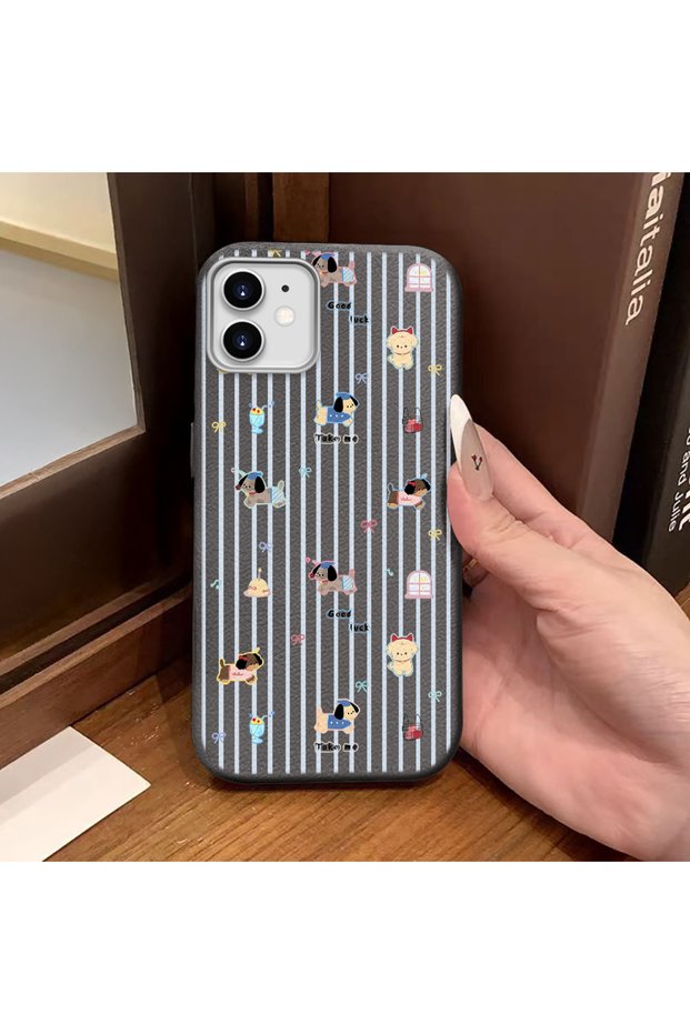 iPhone 12/12 Pro Compatible Gray Leather Textured Silicone Protects Camera Shock-Absorbing Cartoon Dog Pattern Case