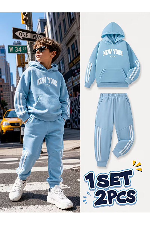 Children's New York Printed Hooded Sweatshirt and Sweatpants Top and Bottom Set