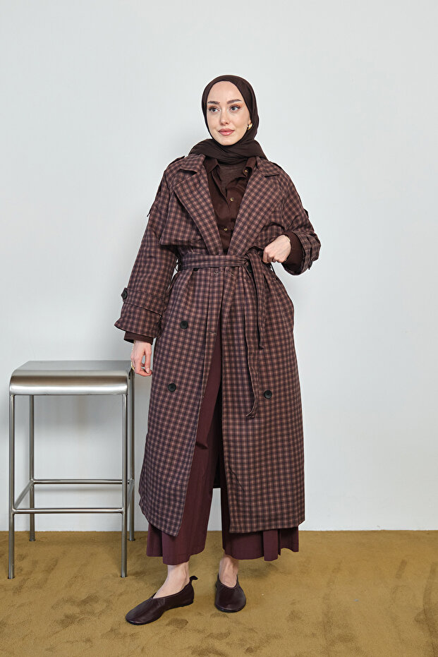 Women's Plaid Pattern Epaulettes Midi Length Lined Trench Coat Brown