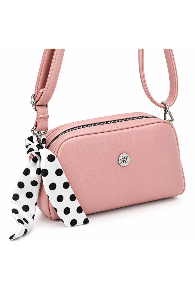 Polka Dot Shawl Detailed Double Zipper Cross Strap Powder Pink Women's Bag