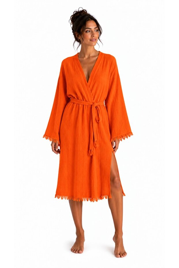 Bohemia Muslin Kimono Bathrobe – Tassel Detailed Slit Spa & Beach Kimono