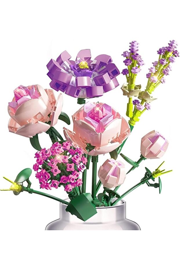 Building Blocks, Romantic Flowers Bouquet Building Set, 413 PCS Artificial Pink Rose and Euca