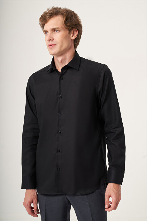 Black Italian Collar Oxford Slim Fit Easy-Iron Cotton Shirt 1004265270