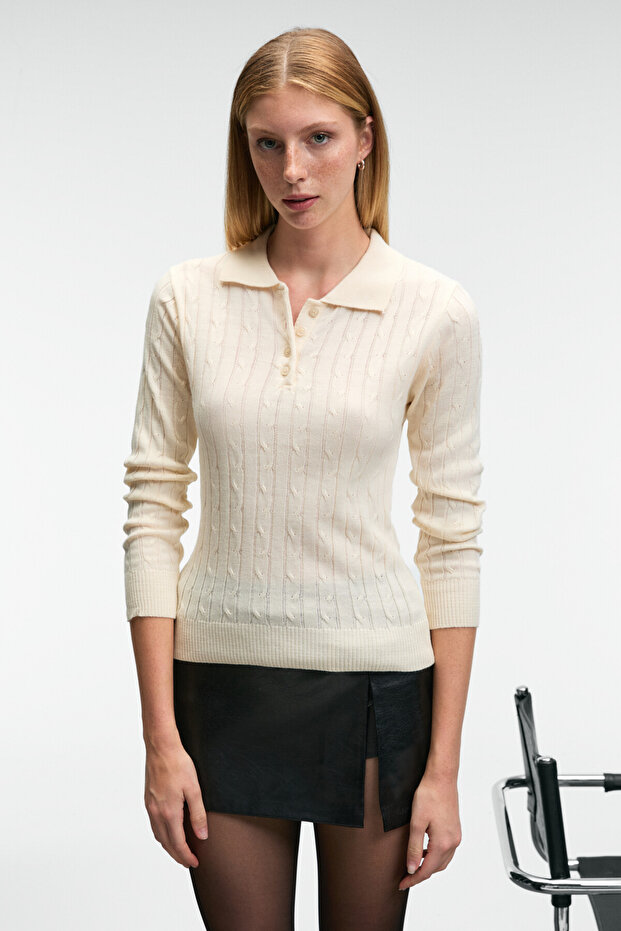 Castana women's polo neck buttoned regular fit knitwear ecru sweater