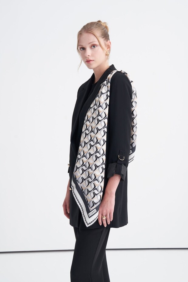 Double-Breasted Collar Accessory Detailed Oversize Long Lined Black Jacket 0002