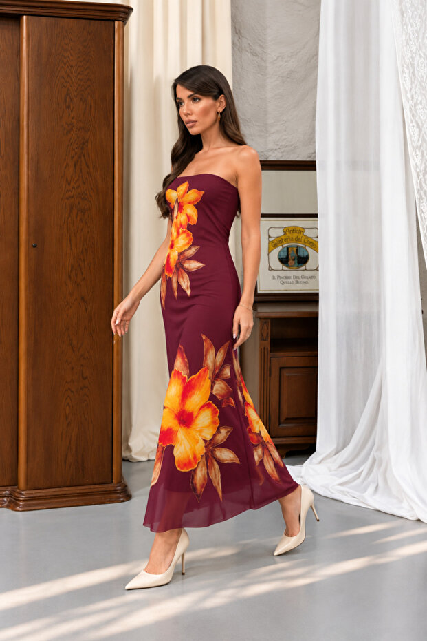 Women's Strapless Floral Patterned Long Maxi Dress - Burgundy