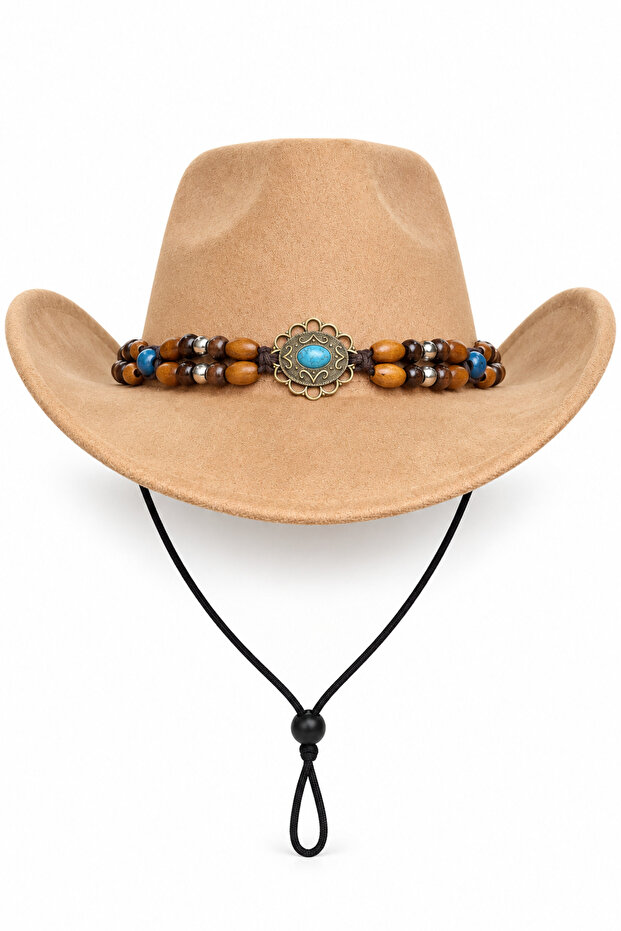 Unisex Internally Adjustable Suede-Look Turquoise Stone Beaded Fedora Model Cowboy Hat