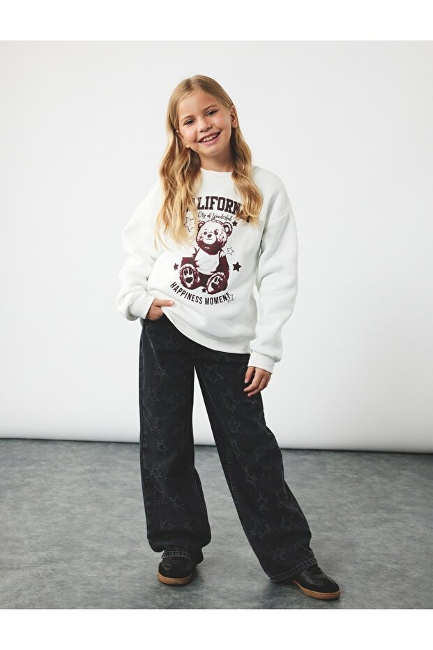 Star Pattern Loose Fit Cotton Wide Leg Denim Trousers