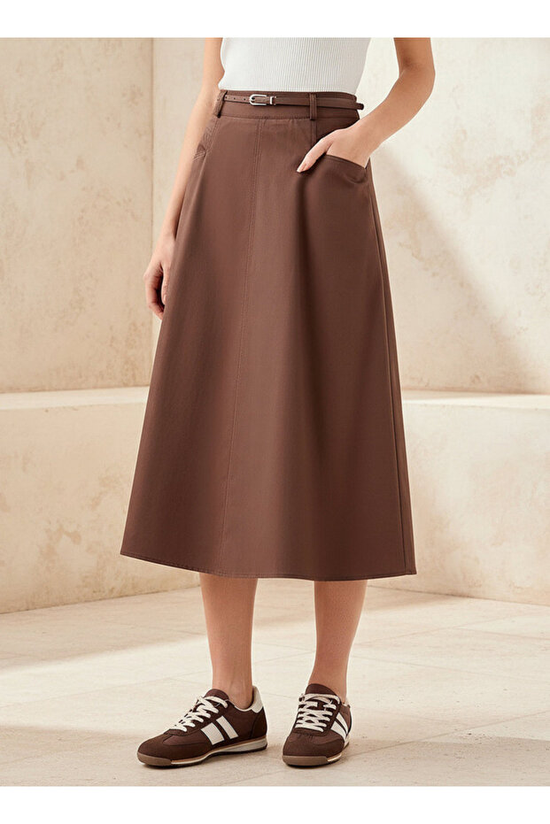 Midi Cotton Belted Skirt with Pockets