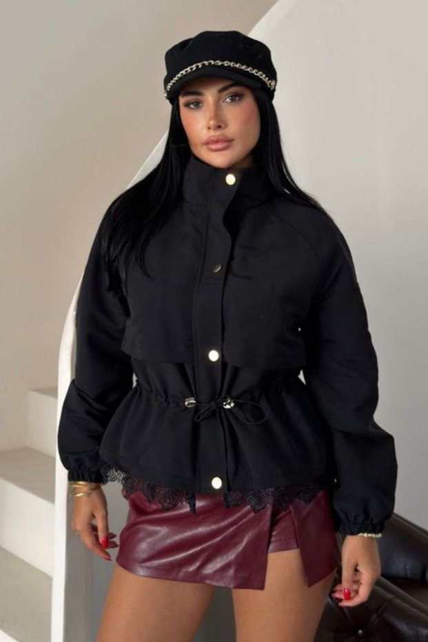 Women's Short Trench Coat with Zipper and Snap Fasteners, Elastic Waist, Lace Detail, Epaulettes, Long Sleeves, Stand Collar, Short