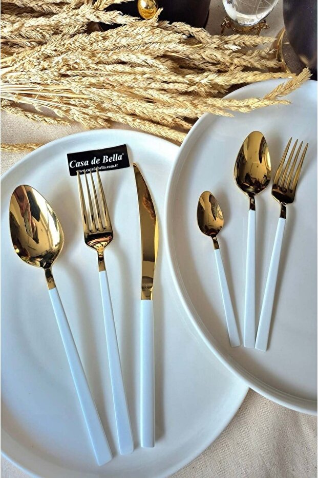 Gold 36 Piece White Cutlery Set for 6 People