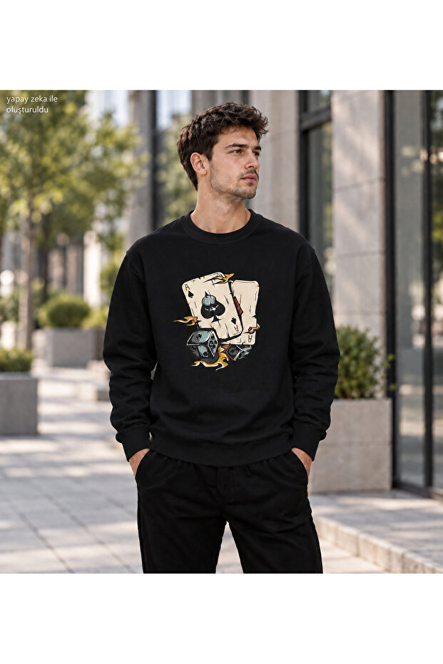 Men's Playing Cards Ace and Dice Printed Crew Neck Casual Regular Fit Sweatshirt