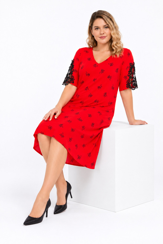 Women's Plus Size, Khaki, Woven Viscose Fabric, V-Neck, Lace Detailed Dress 65N39625