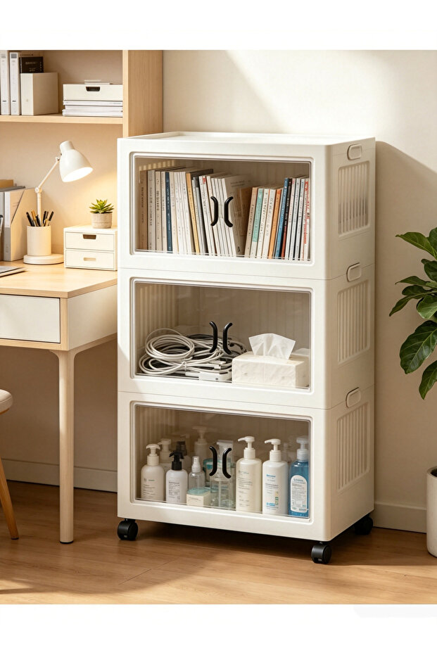 2 3 4 5 Tier Stackable Storage Cabinet with Wheels, White Plastic Foldable Rolling Organizer with Clear Doors, Multi-layer Home Storage Chest