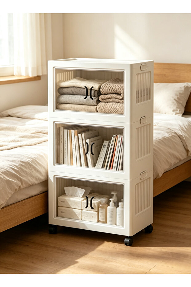 2 3 4 5 Tier Stackable Storage Cabinet with Wheels, White Plastic Foldable Rolling Organizer with Clear Doors, Multi-layer Home Storage Chest
