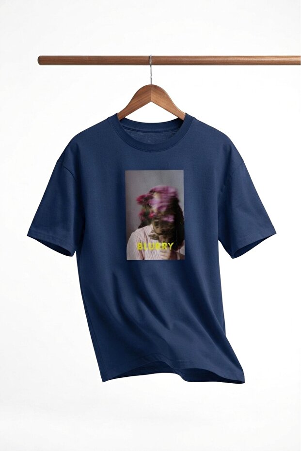 Blurry Printed - Premium Fabric Oversize Men's T-Shirt Navy Blue