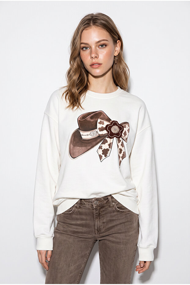 Women's White Bow Printed Stone Detailed Oversize Three Thread Sweatshirt 2283 60286479