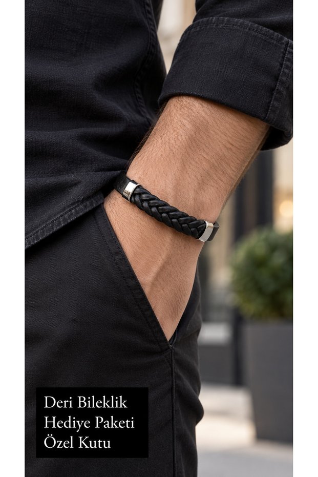 Celdrivo Black Leather Men's Bracelet - Thick Weave and Silver Lock Detail