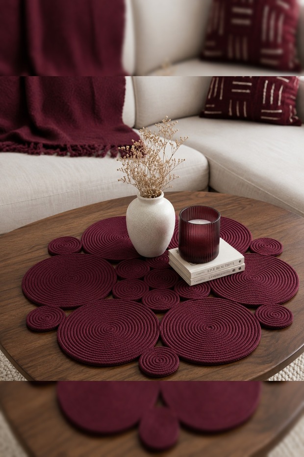 Christmas Burgundy Roundy Round Cotton Rope Tablecloth, Christmas Centerpiece Tablecloth Table Decor