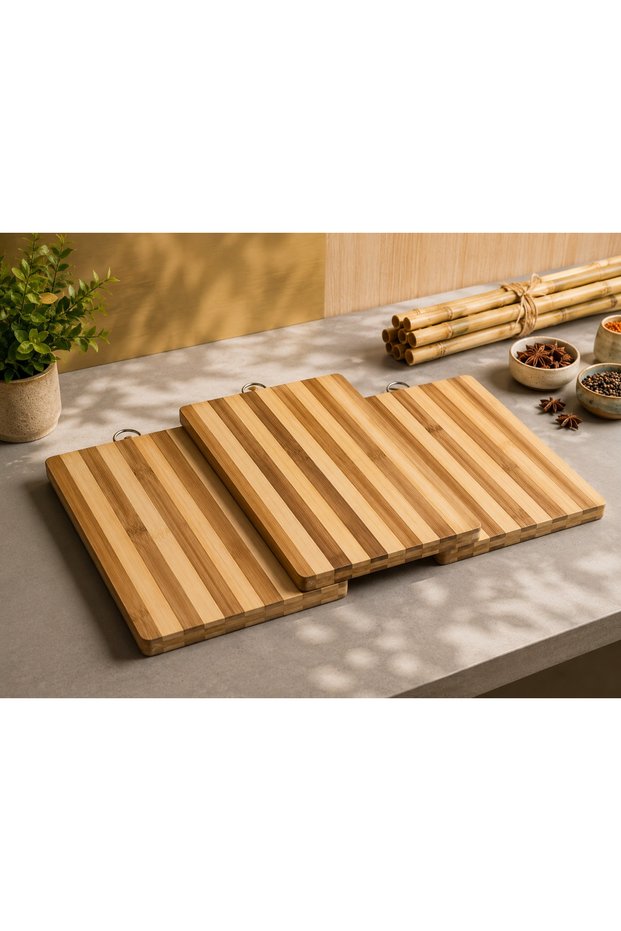 Bamboo Striped Cutting Board with Metal Hanger Presentation and Chopping Board