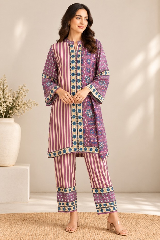 Women’s Purple & Beige Mixed Print 2-Piece Co-Ord Set with Straight Pants