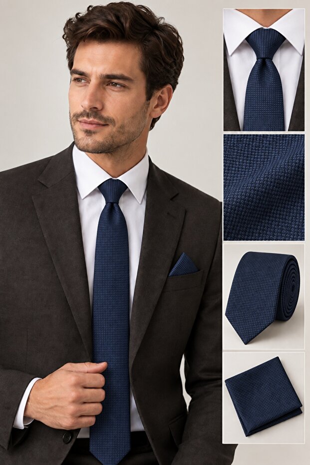 Men's Tie and Handkerchief Set, Dobby, Bird Eye Pattern, 5.5 Cm, Navy Blue