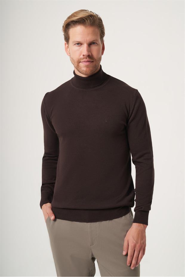 Brown Turtleneck Long Sleeve Knitted Comfort Fit Cotton Sweater 1012265004