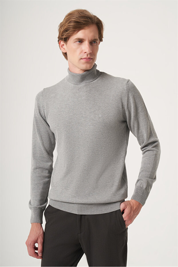 Gray Turtleneck Long Sleeve Knitted Comfort Fit Cotton Sweater 1012265004