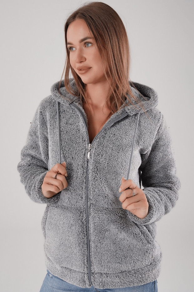 Gray Hooded Plush Jacket Cardigan