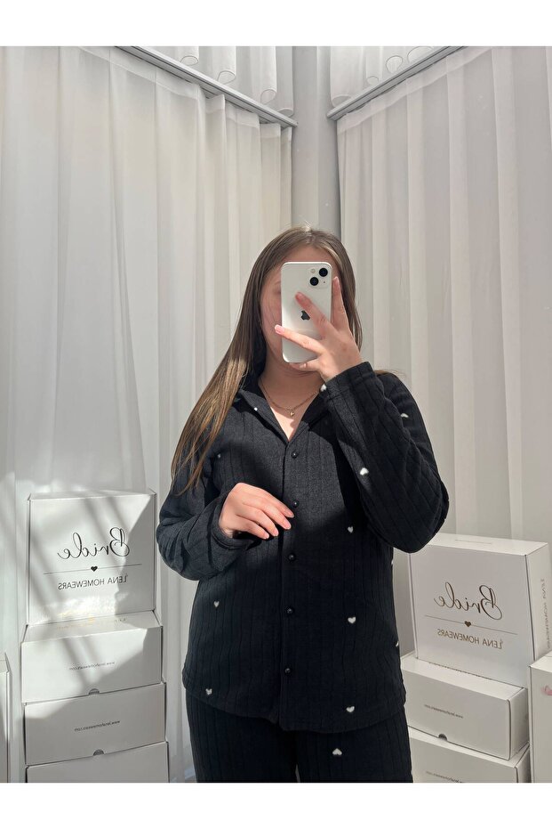 Black Heart Patterned Buttoned Fleece Pajama Set