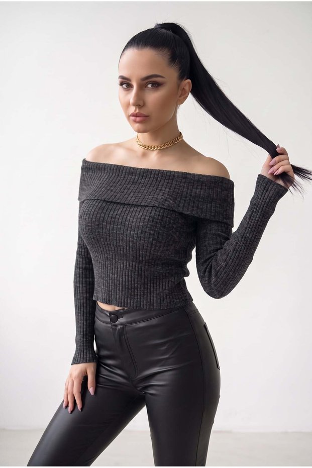 Women's Anthracite Extra Flexible S-M-L Compatible Madonna Semi-Crop Ribbed Blouse Sweater