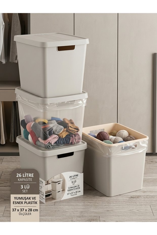3-piece set 26 lt multi-purpose storage box with lid, flexible plastic deep organizer, bathroom bedroom organizer basket (37x37x28 cm)