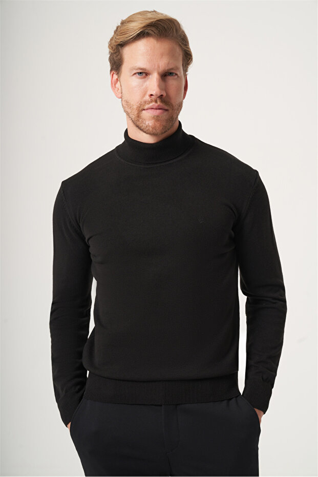Black Turtleneck Long Sleeve Knitted Comfort Fit Cotton Sweater 1012265004
