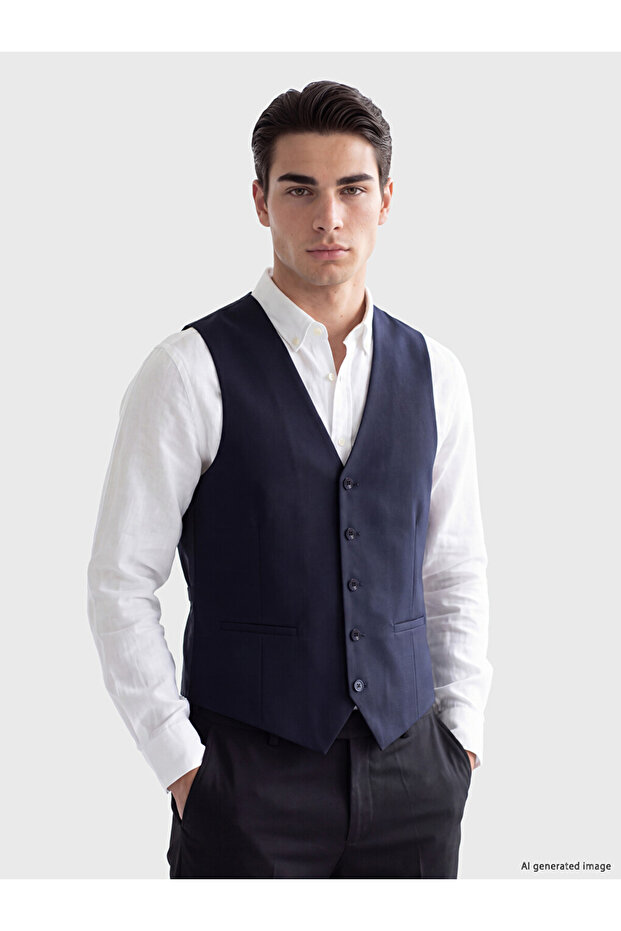 Vizyon New Season Navy Blue Slim Fit Men's Classic Vest