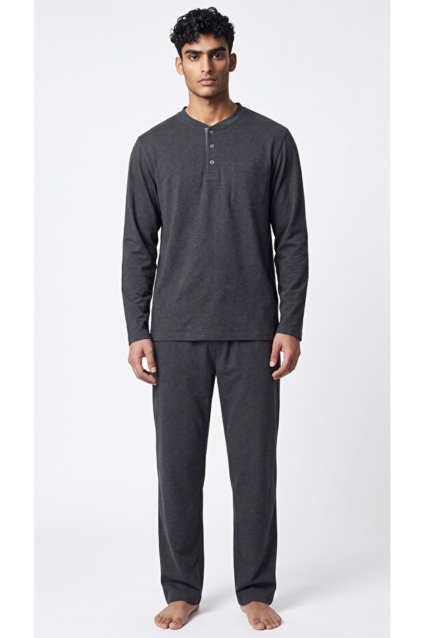 Men's Cotton Pajama Set Long Sleeve Placketed Collar Buttoned Pocketed Home Wear Set